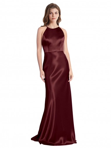 Sleeveless V-Neck Stretch Satin Burgundy Gold Long Formal Evening Dress Canada for Sale