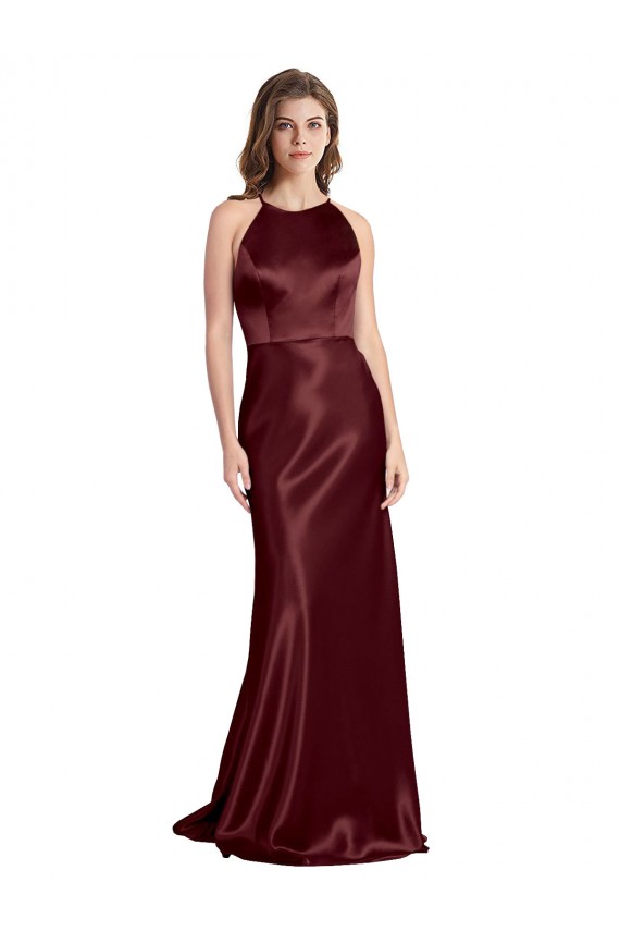 Sleeveless V-Neck Stretch Satin Burgundy Gold Long Formal Evening Dress Canada for Sale