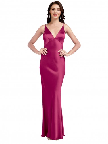 Sleeveless V-Neck Stretch Satin Fuchsia Long Formal Evening Dress Canada for Sale