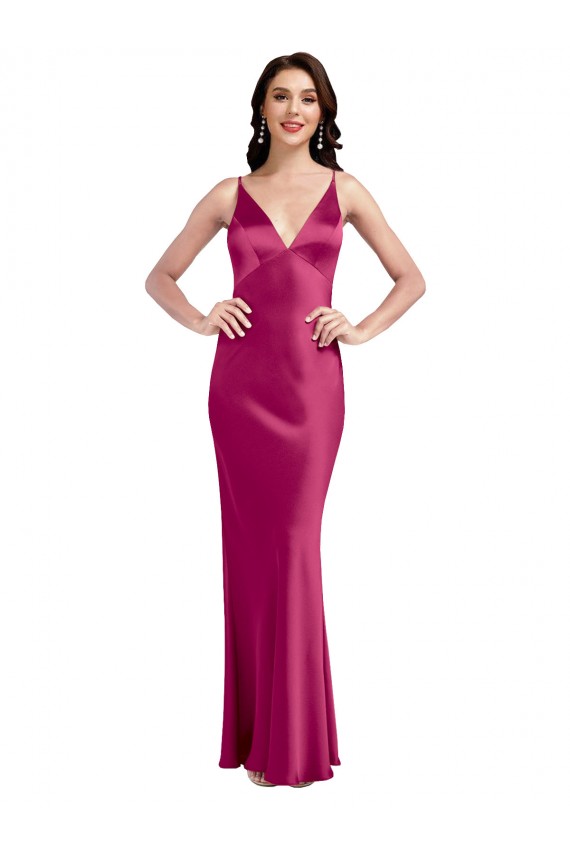 Sleeveless V-Neck Stretch Satin Fuchsia Long Formal Evening Dress Canada for Sale