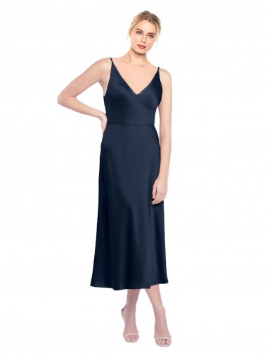 Sleeveless V-Neck Stretch Satin Dark Navy Midi Length Formal Evening Dress Canada for Sale