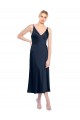 Sleeveless V-Neck Stretch Satin Dark Navy Midi Length Formal Evening Dress Canada for Sale