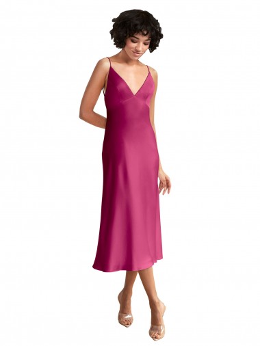 Sleeveless V-Neck Stretch Satin Fuchsia Midi Length Formal Evening Dress Canada for Sale