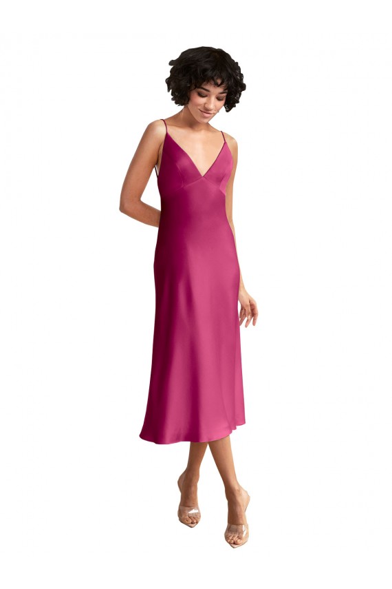 Sleeveless V-Neck Stretch Satin Fuchsia Midi Length Formal Evening Dress Canada for Sale