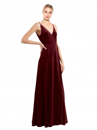 Sleeveless V-Neck Stretch Velvet Burgundy Long Evening Dress Canada for Sale