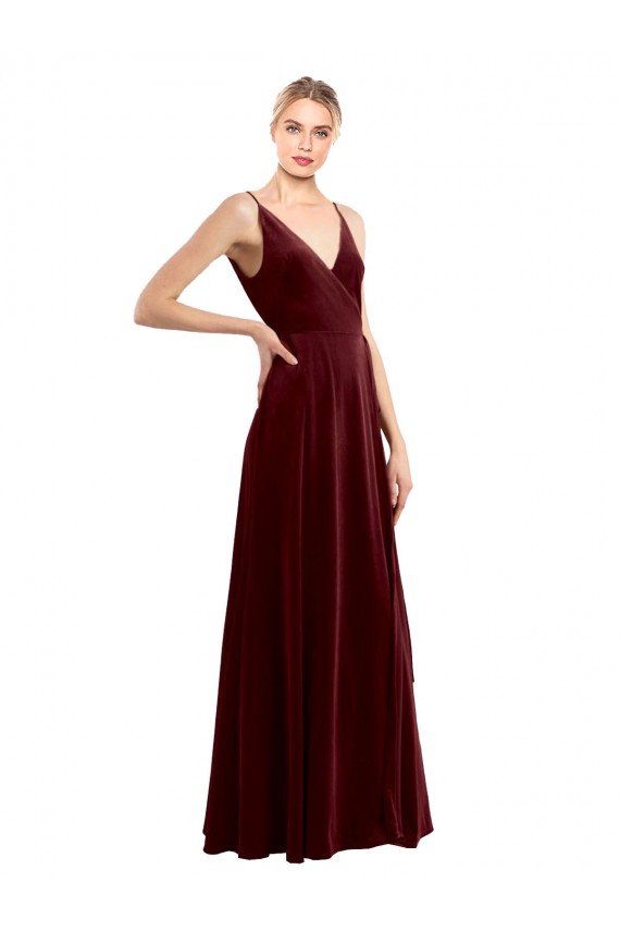 Sleeveless V-Neck Stretch Velvet Burgundy Long Evening Dress Canada for Sale