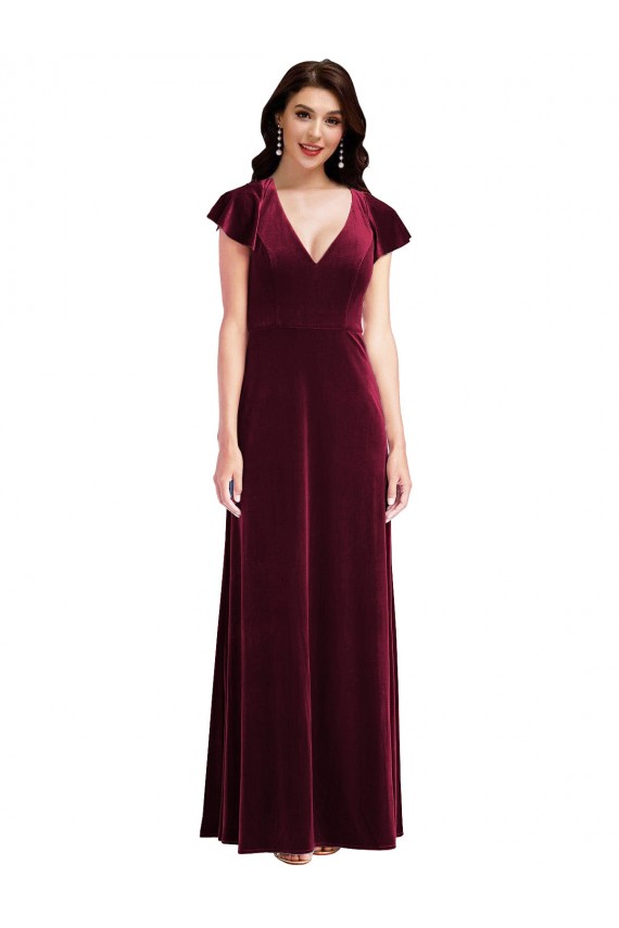 Flutter Sleeves V-Neck Stretch Velvet Burgundy Long Semi Formal Evening Dress Canada for Sale