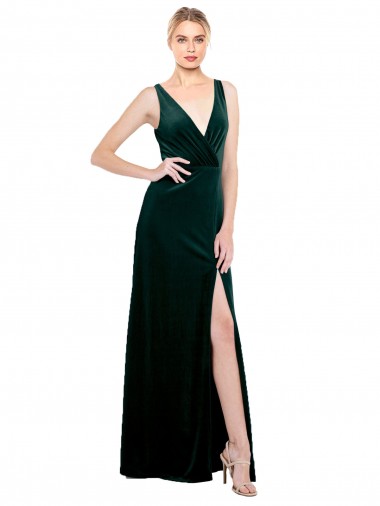 Sleeveless V-Neck Stretch Velvet Dark Green Long Black Tie Evening Dress Canada for Sale