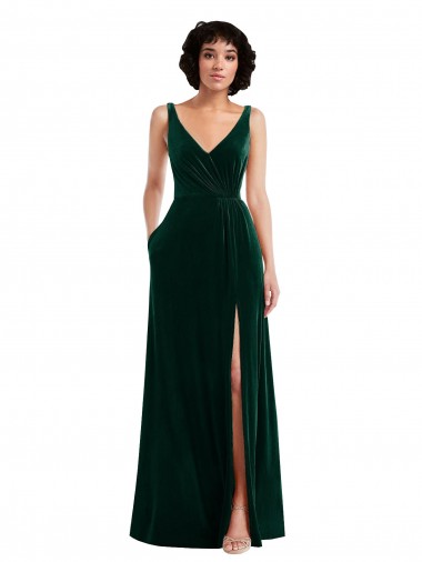 Sleeveless V-Neck Stretch Velvet Dark Green Long Evening Dress Canada for Sale
