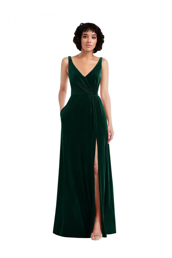 Sleeveless V-Neck Stretch Velvet Dark Green Long Evening Dress Canada for Sale