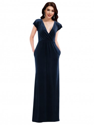 Flutter Sleeves V-Neck Stretch Velvet Dark Navy Long Formal Dress Canada for Sale