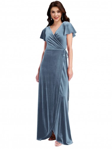 Flutter Sleeves V-Neck Stretch Velvet Dusty Blue Long Black Tie Evening Dress Canada for Sale