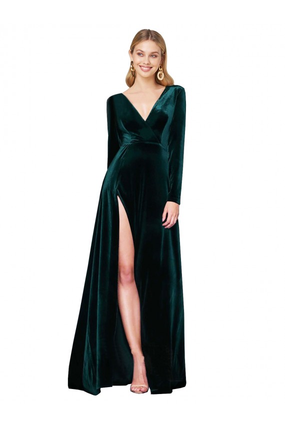 Long Sleeves V-Neck Stretch Velvet Dark Green Sweep Train Black Tie Evening Dress Canada for Sale