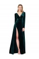 Long Sleeves V-Neck Stretch Velvet Dark Green Sweep Train Black Tie Evening Dress Canada for Sale