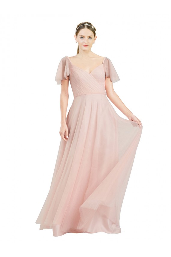 Flutter Sleeves V-Neck Tulle Pink Long Formal Dress Canada for Sale