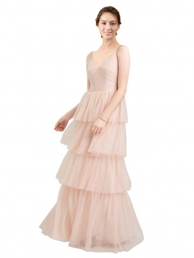 Sleeveless V-Neck Tulle Pink Long Semi Formal Evening Dress Canada for Sale