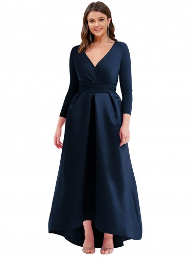 Long Sleeves V-Neck Spandex Dark Navy Long High Low Plus Size Evening Dress Canada for Sale