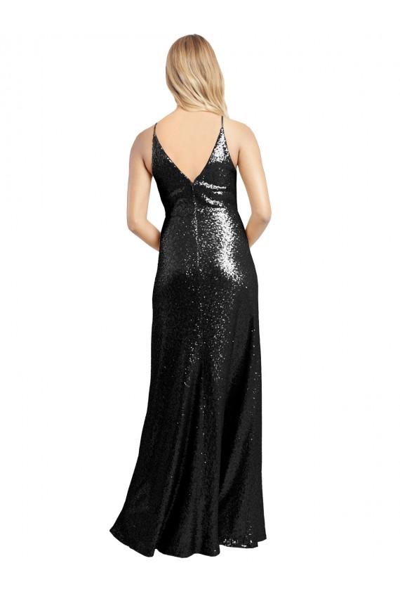Sleeveless V-Neck Sequin Black Long Formal Evening Dress Canada for Sale