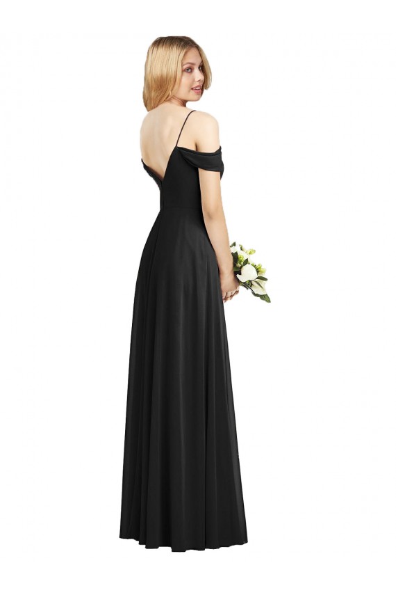 Cold Shoulder Spaghetti Straps Soft Chiffon Black Long Semi Formal Evening Dress Canada for Sale