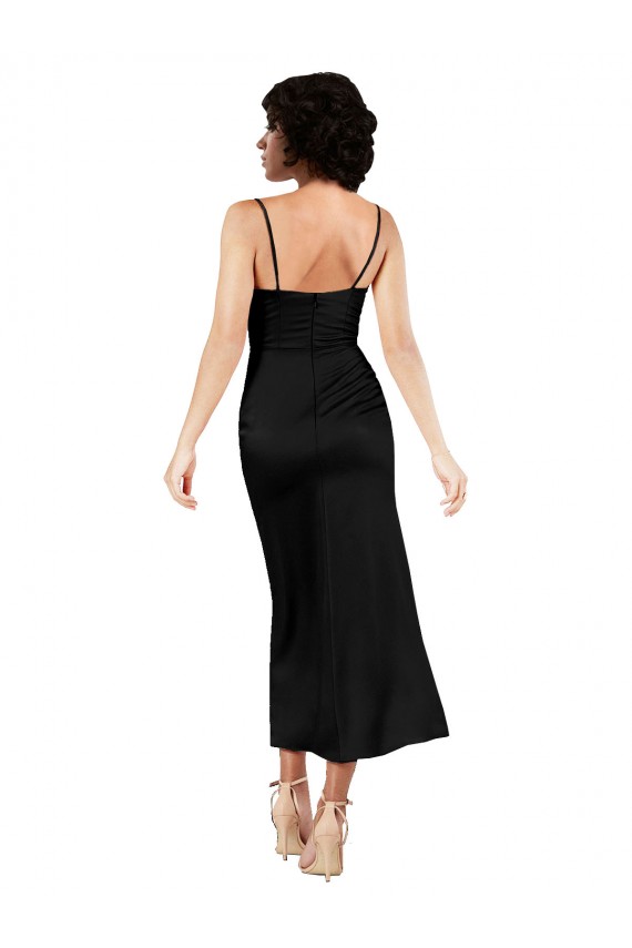 Sleeveless Cowl Neck Silky Satin Black Tea Length Formal Evening Dress Canada for Sale