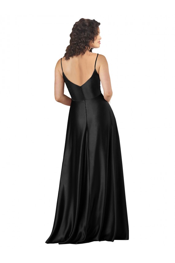 Sleeveless V-Neck Silky Satin Black Long Formal Dress Canada for Sale