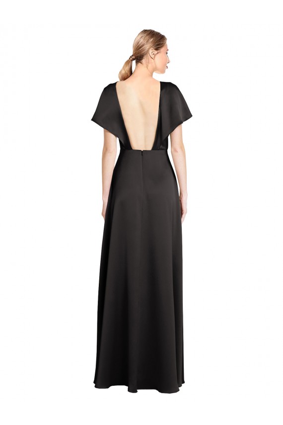 Cap Sleeves V-Neck Stretch Satin Black Long Evening Dress Canada for Sale