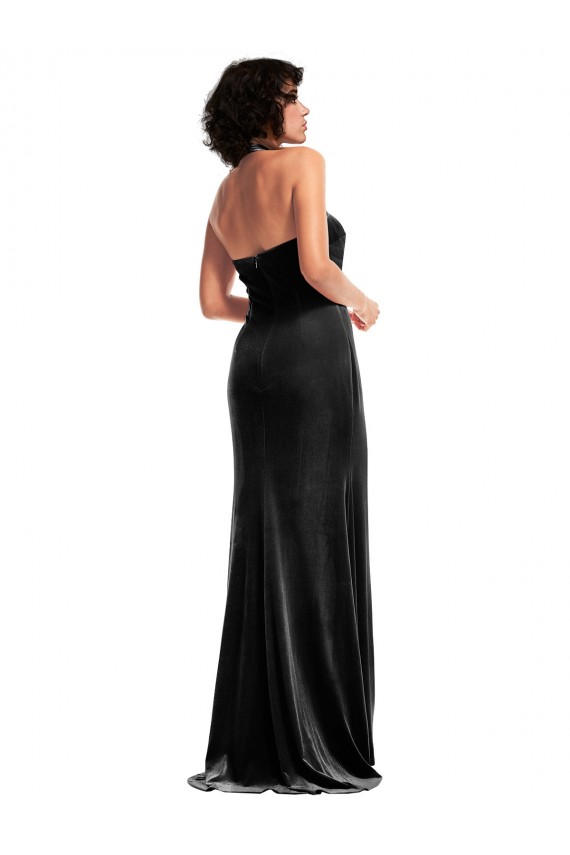 Sleeveless Halter Neck Stretch Velvet Black Long Formal Evening Dress Canada for Sale