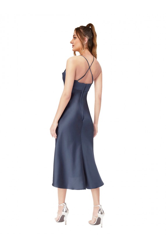 Sleeveless Cowl Neck Silky Satin Black Midi Length High Low Evening Dress Canada for Sale