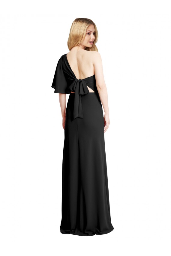 Flutter Sleeves One Shoulder Stretch Crepe Black Long Formal Evening Dress Canada for Sale