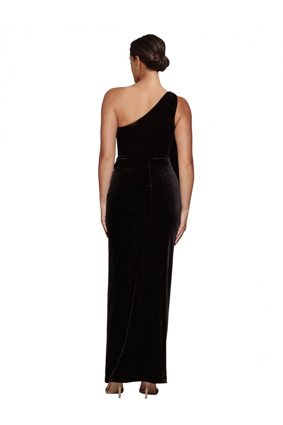 Sleeveless One Shoulder Stretch Velvet Black Long Formal Evening Dress Canada for Sale