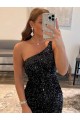 Sleeveless One Shoulder Velvet Sequin Black Short Evening Dress Canada for Sale