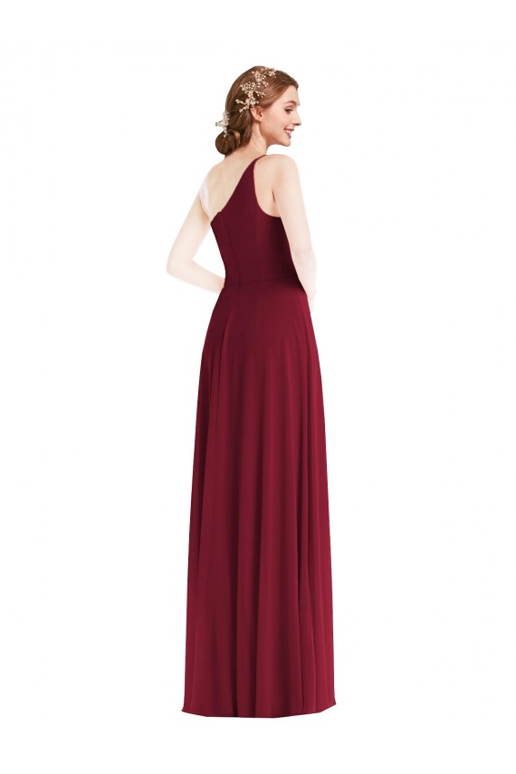 Sleeveless One Shoulder Soft Chiffon Burgundy Long Semi Formal Evening Dress Canada for Sale