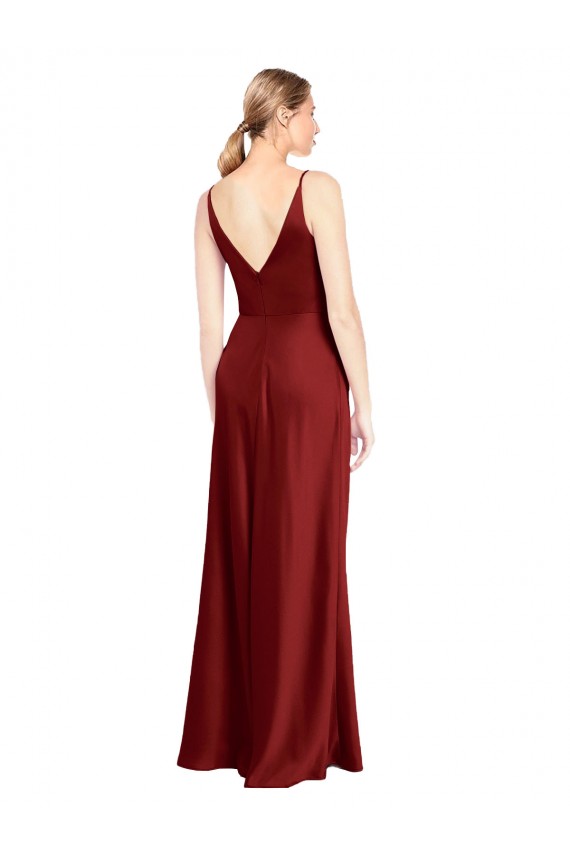 Sleeveless V-Neck Stretch Satin Burgundy Long Formal Evening Dress Canada for Sale