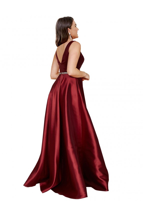 Sleeveless V-Neck Satin Burgundy Long Formal Plus Size Evening Dress Canada for Sale
