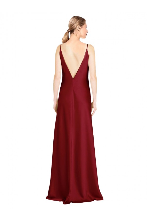 Sleeveless V-Neck Stretch Satin Burgundy Long Black Tie Evening Dress Canada for Sale