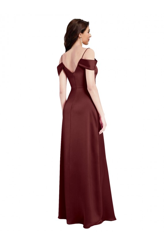 Sleeveless V-Neck Stretch Satin Burgundy Gold Long Formal Dress Canada for Sale