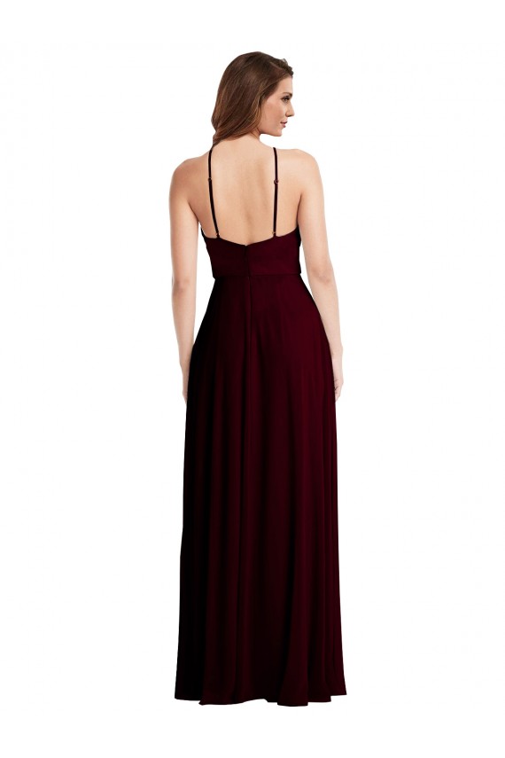 Sleeveless Halter Neck Soft Chiffon Burgundy Gold Long Semi Formal Evening Dress Canada for Sale
