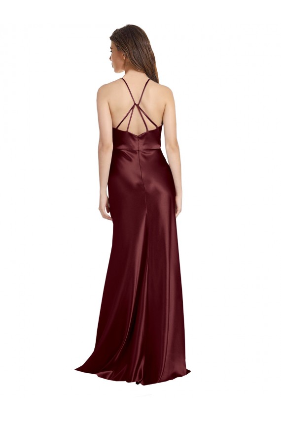 Sleeveless V-Neck Stretch Satin Burgundy Gold Long Formal Evening Dress Canada for Sale