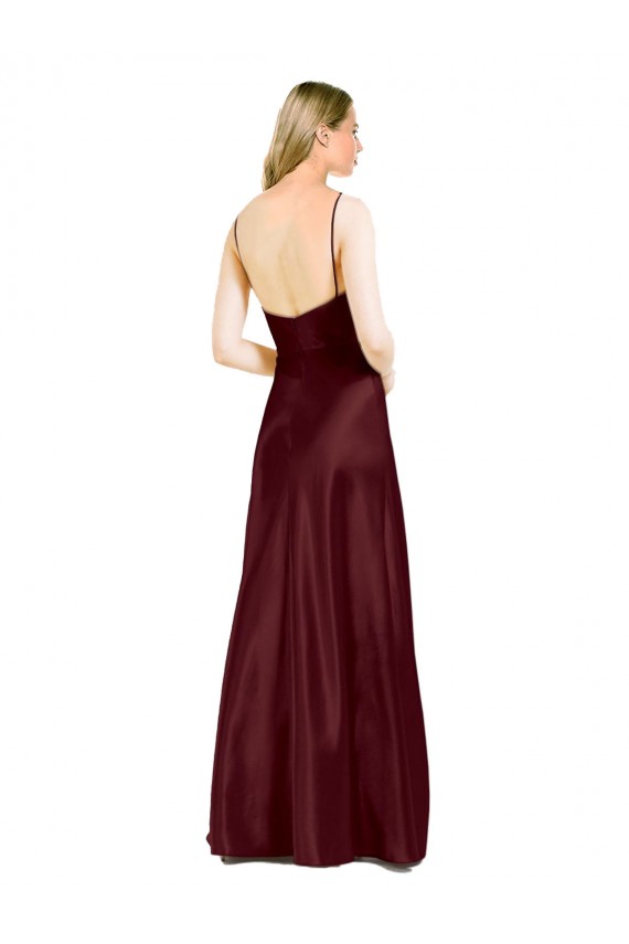 Sleeveless V-Neck Stretch Satin Burgundy Gold Long Evening Dress Canada for Sale