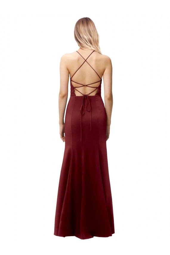 Sleeveless High Neck Stretch Crepe Burgundy Gold Long Formal Evening Dress Canada for Sale