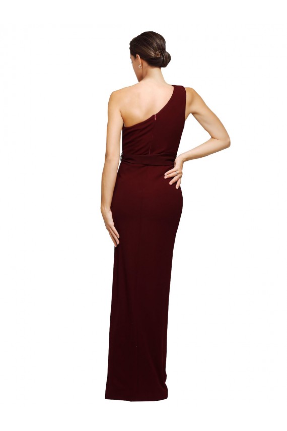 Sleeveless One Shoulder Stretch Crepe Burgundy Gold Long Black Tie Evening Dress Canada for Sale