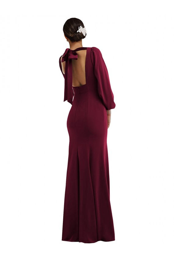 Long Sleeves Bateau Neck Stretch Crepe Burgundy Gold Long Formal Evening Dress Canada for Sale