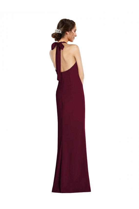 Sleeveless Halter Neck Stretch Crepe Burgundy Gold Long Semi Formal Evening Dress Canada for Sale