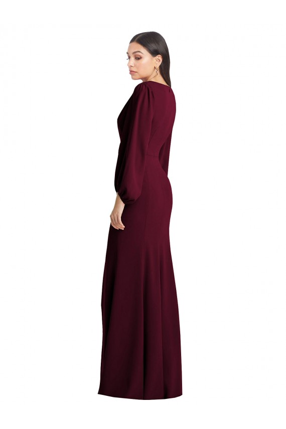 Puff Sleeves V-Neck Stretch Crepe Burgundy Gold Long Semi Formal Evening Dress Canada for Sale