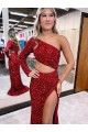 Long Sleeves One Shoulder Velvet Sequin Burgundy Sweep Train Evening Dress Canada for Sale