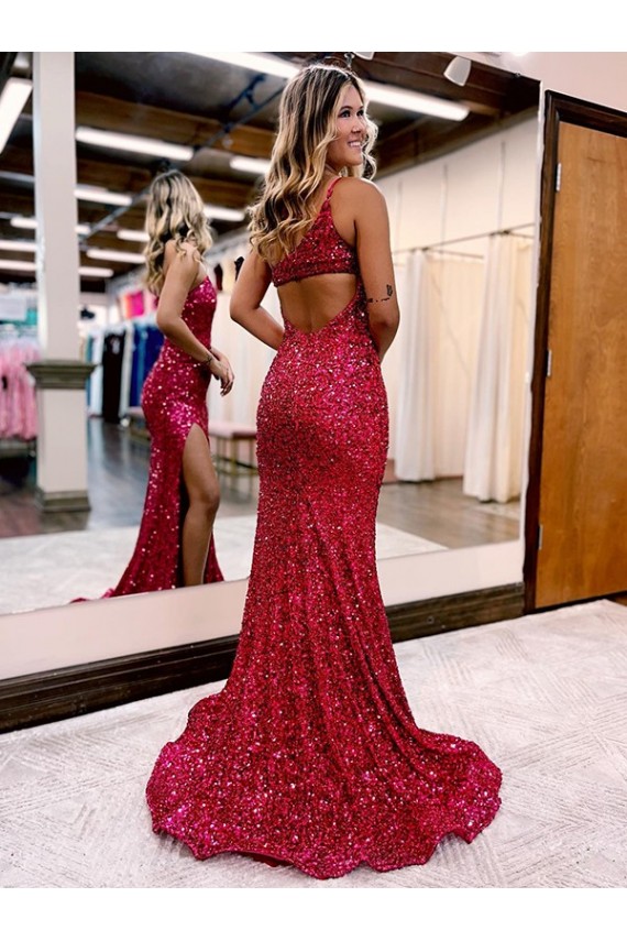 Sleeveless One Shoulder Velvet Sequin Burgundy Sweep Train Evening Gown Canada for Sale