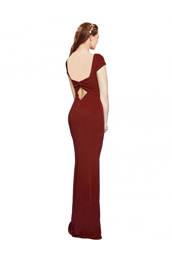 Cap Sleeves Round Neck Stretch Crepe Burgundy Long Formal Evening Dress Canada for Sale