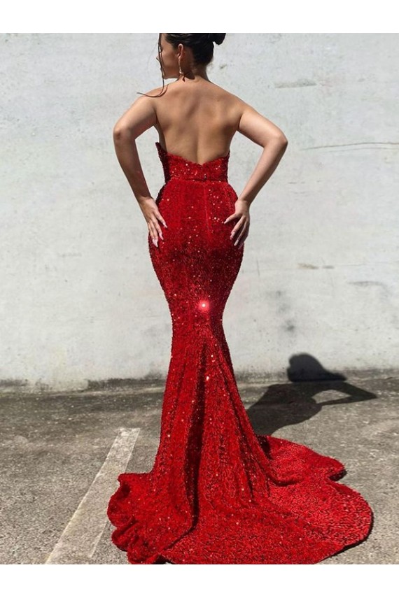 Sleeveless Sweetheart Velvet Sequin Burgundy Court Train Evening Gown Canada for Sale