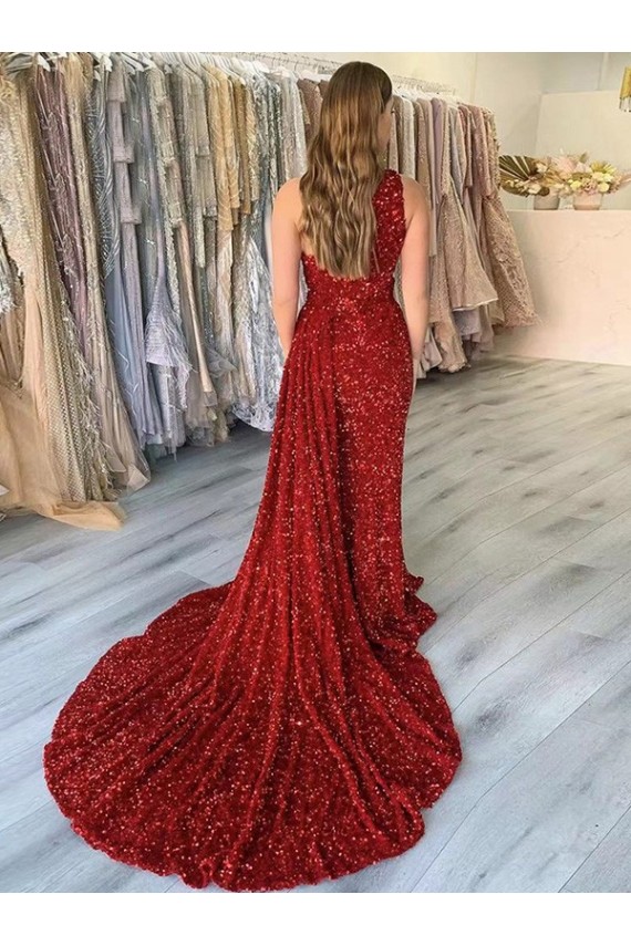 Sleeveless One Shoulder Velvet Sequin Burgundy Court Train Evening Dress Canada for Sale