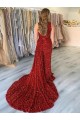 Sleeveless One Shoulder Velvet Sequin Burgundy Court Train Evening Dress Canada for Sale